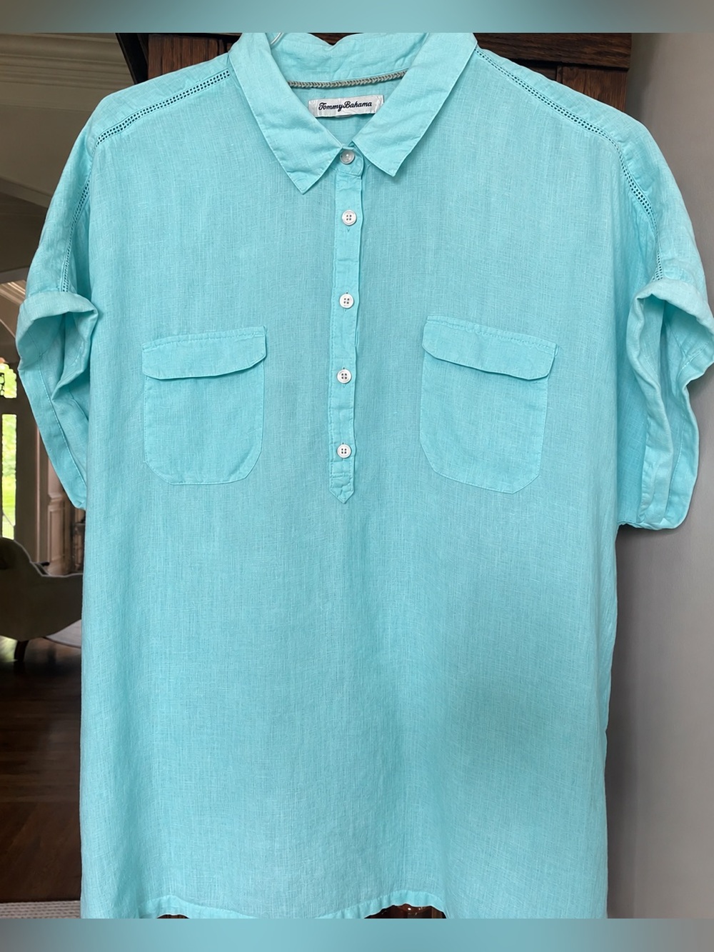 Tommy Bahama Women's Aqua Button-Front Linen Shirt XL
